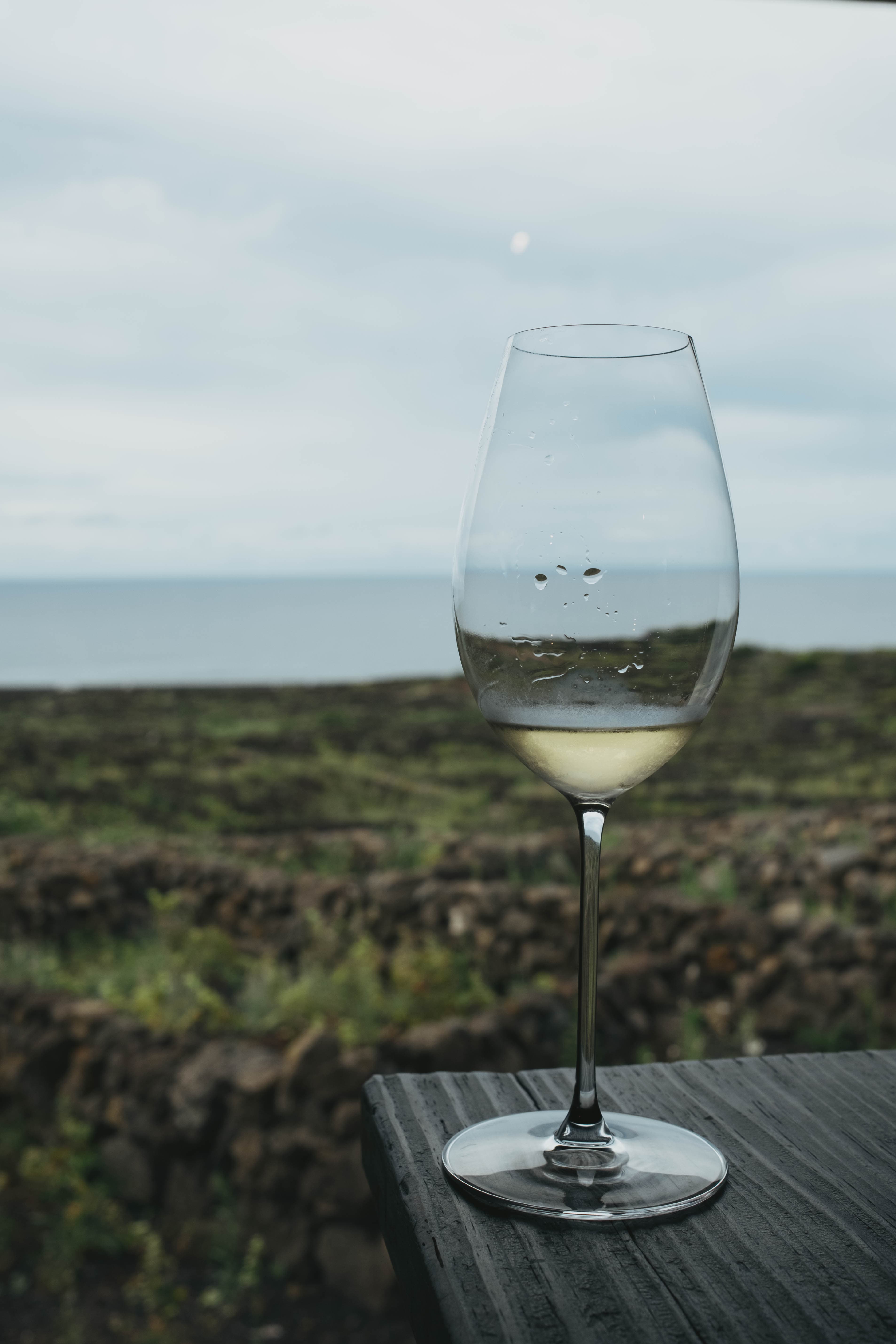 Glass of white wine from Azores Wine Company positioned on wooden table with volcanic vineyard landscape and ocean horizon in the background